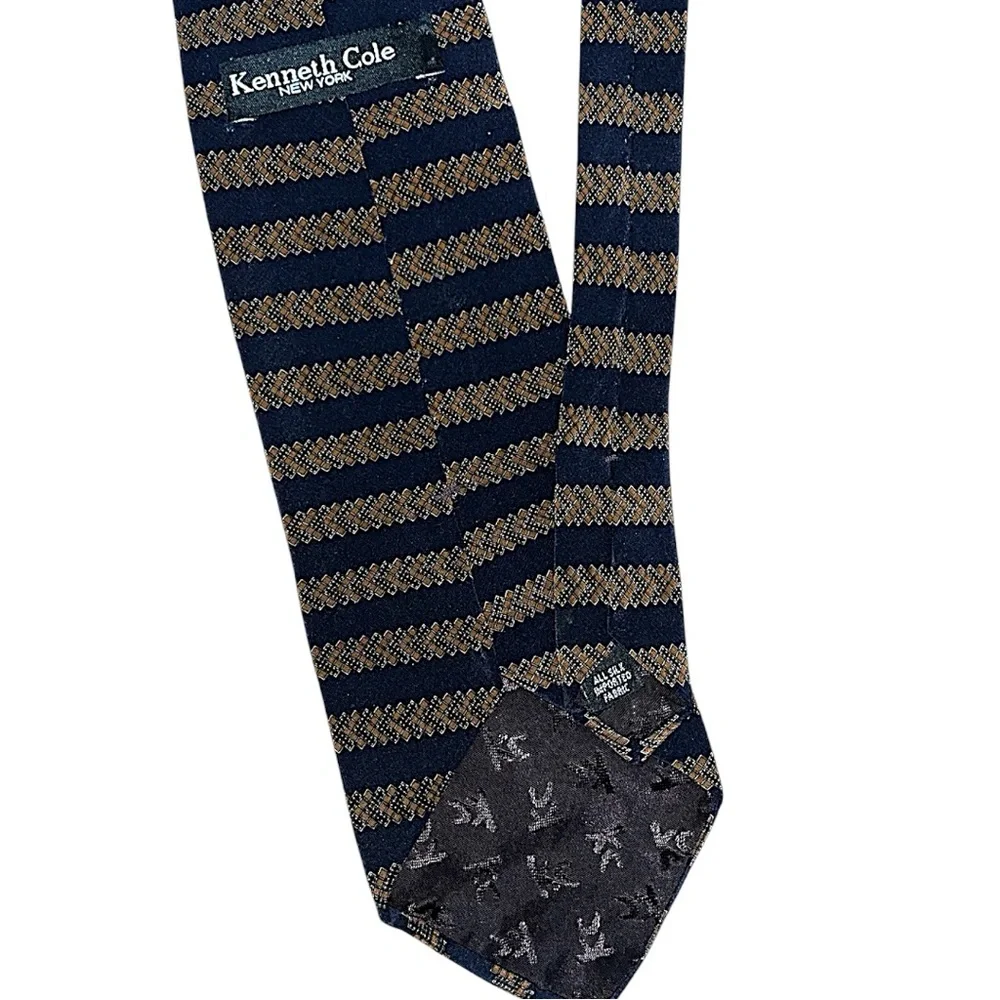 Kenneth Cole Striped Geometric Pattern Dark Blue and Tan Silk Tie